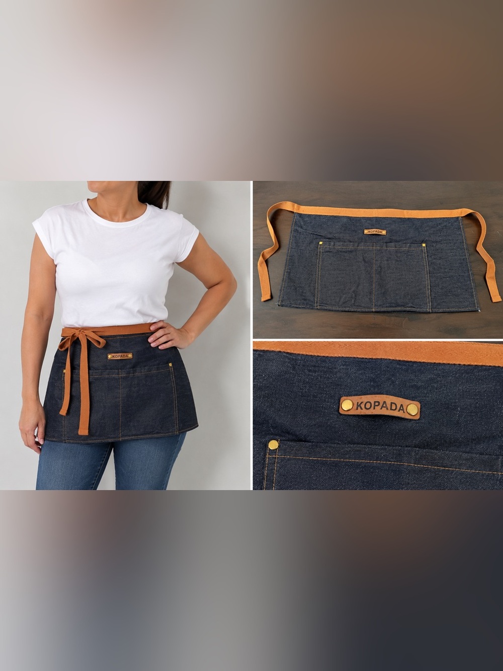 KOPADA Denim Waist Apron Blue/Brown Solid with Pockets, One Size